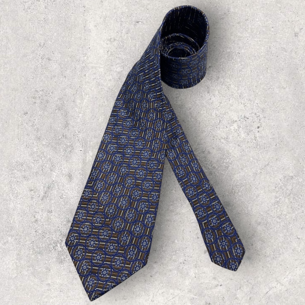 SERICA Blue/Brown Geometric Floral Silk LUXURY Tie HANDMADE ITALY